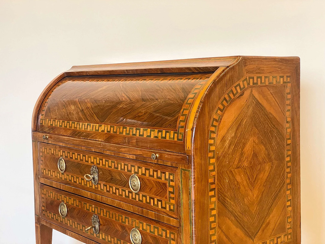 Louis XVI panelled and inlaid walnut roller writing desk, 18th century 17