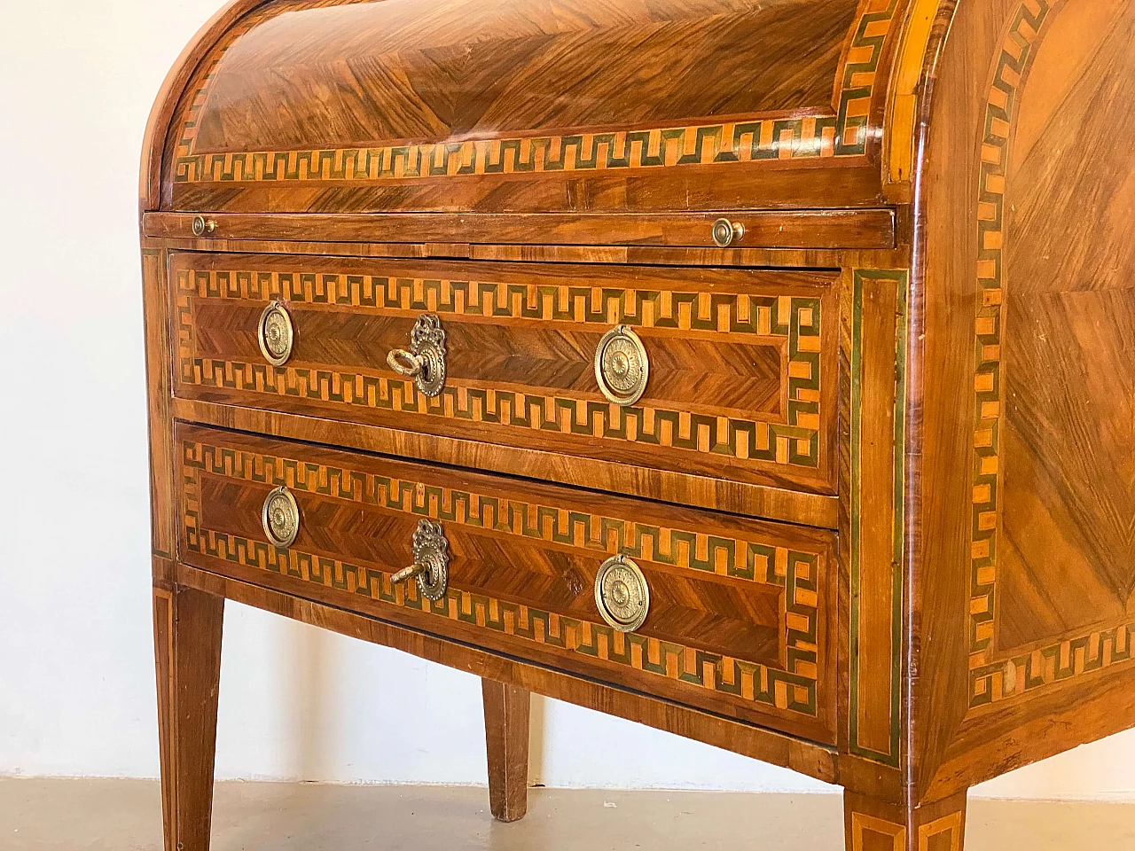 Louis XVI panelled and inlaid walnut roller writing desk, 18th century 18