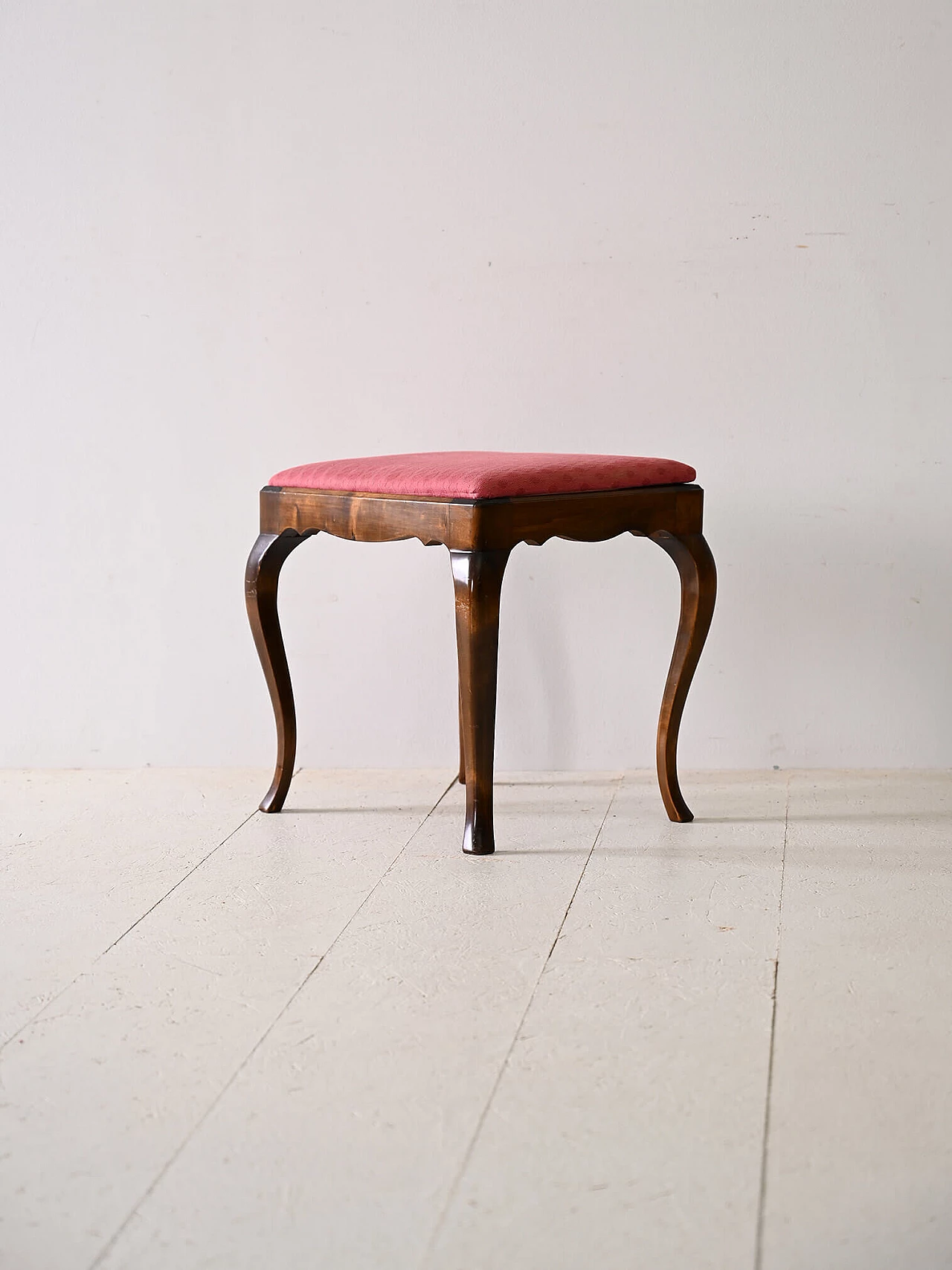 Scandinavian wooden stool with red fabric seat, 1960s 4