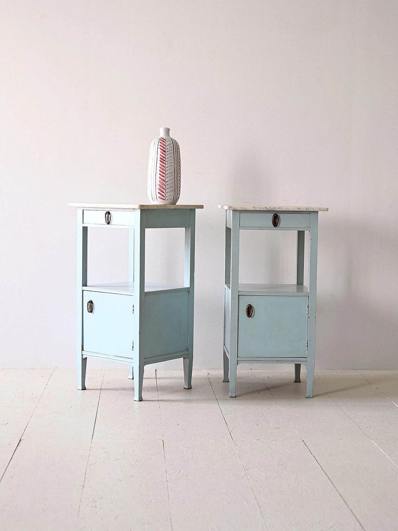 Pair of Deco bedside tables in blue wood with marble top, 1930s 1
