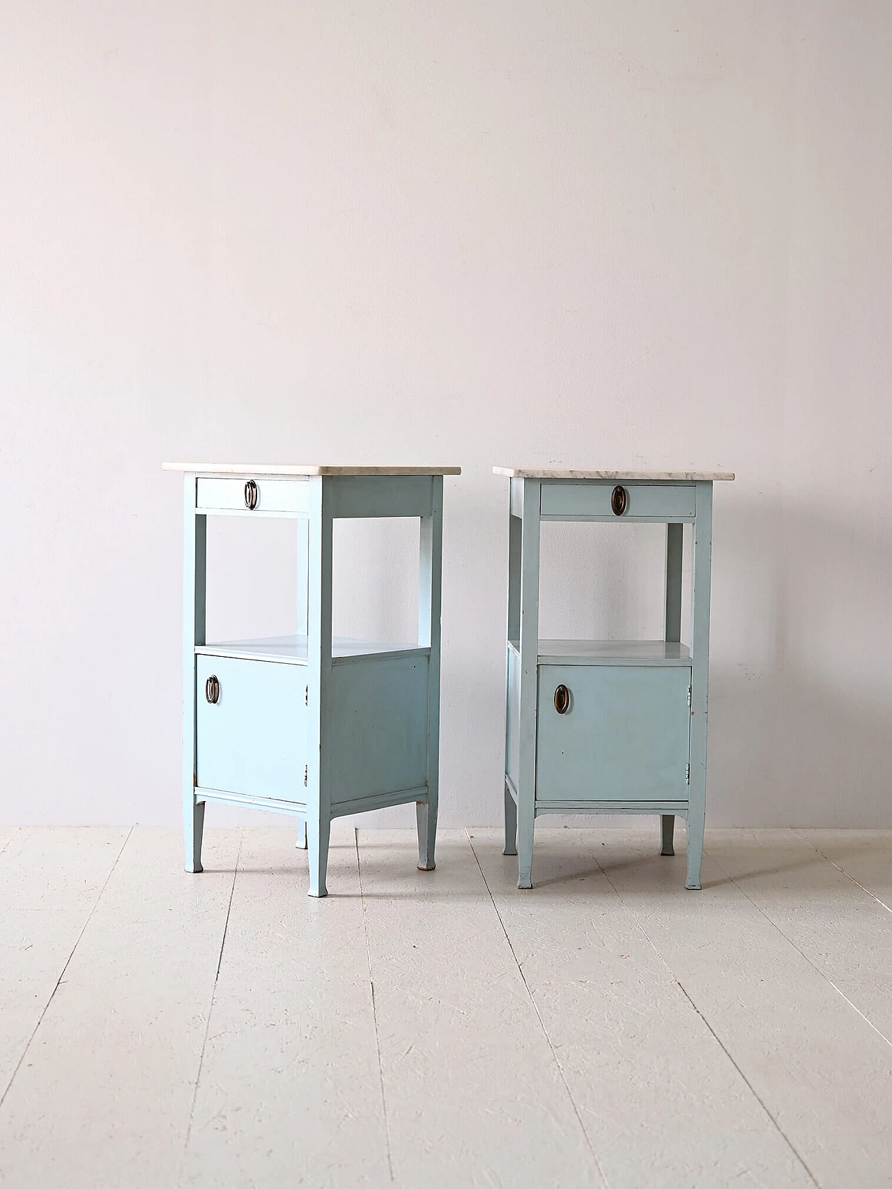 Pair of Deco bedside tables in blue wood with marble top, 1930s 2