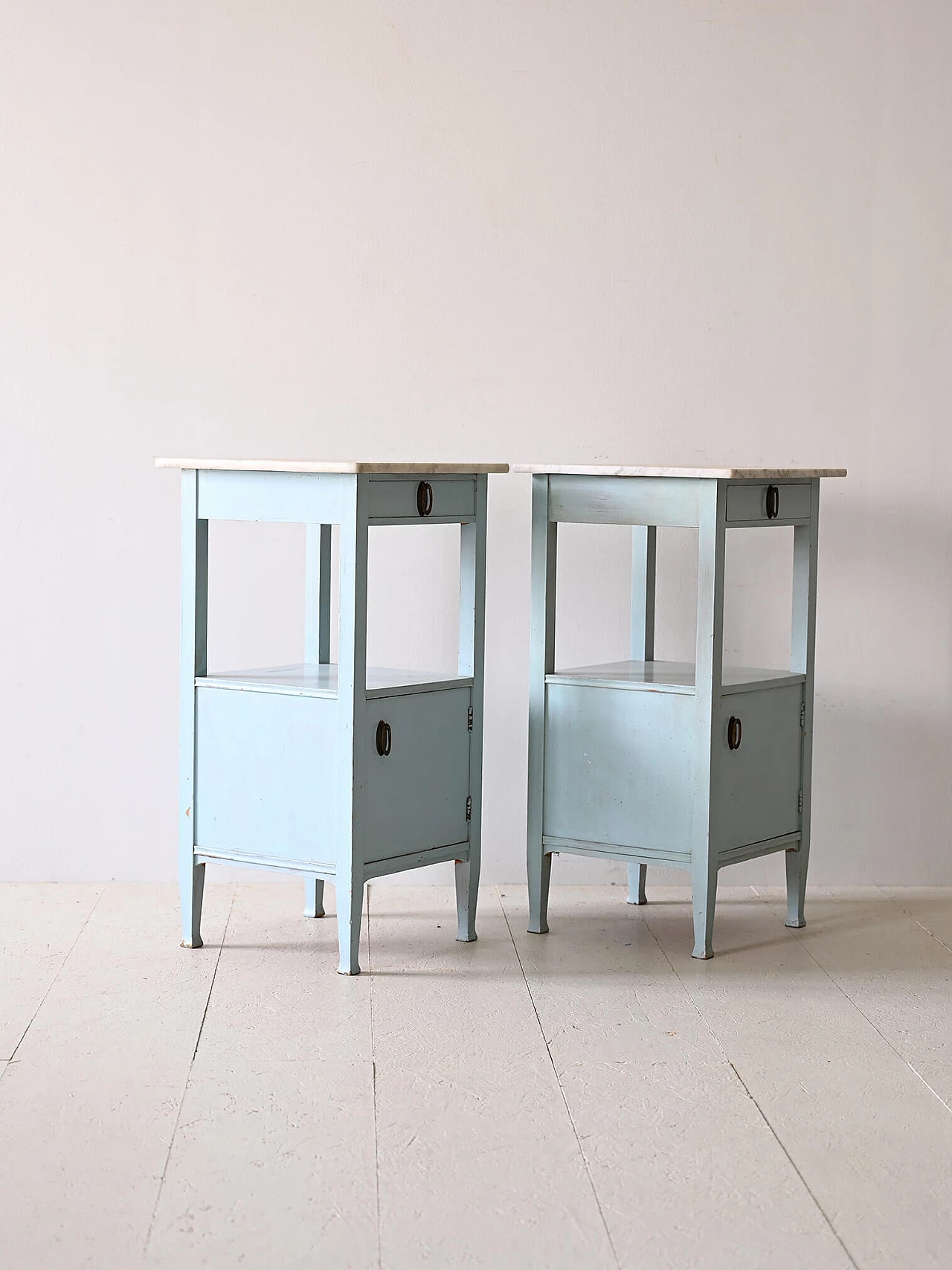 Pair of Deco bedside tables in blue wood with marble top, 1930s 3