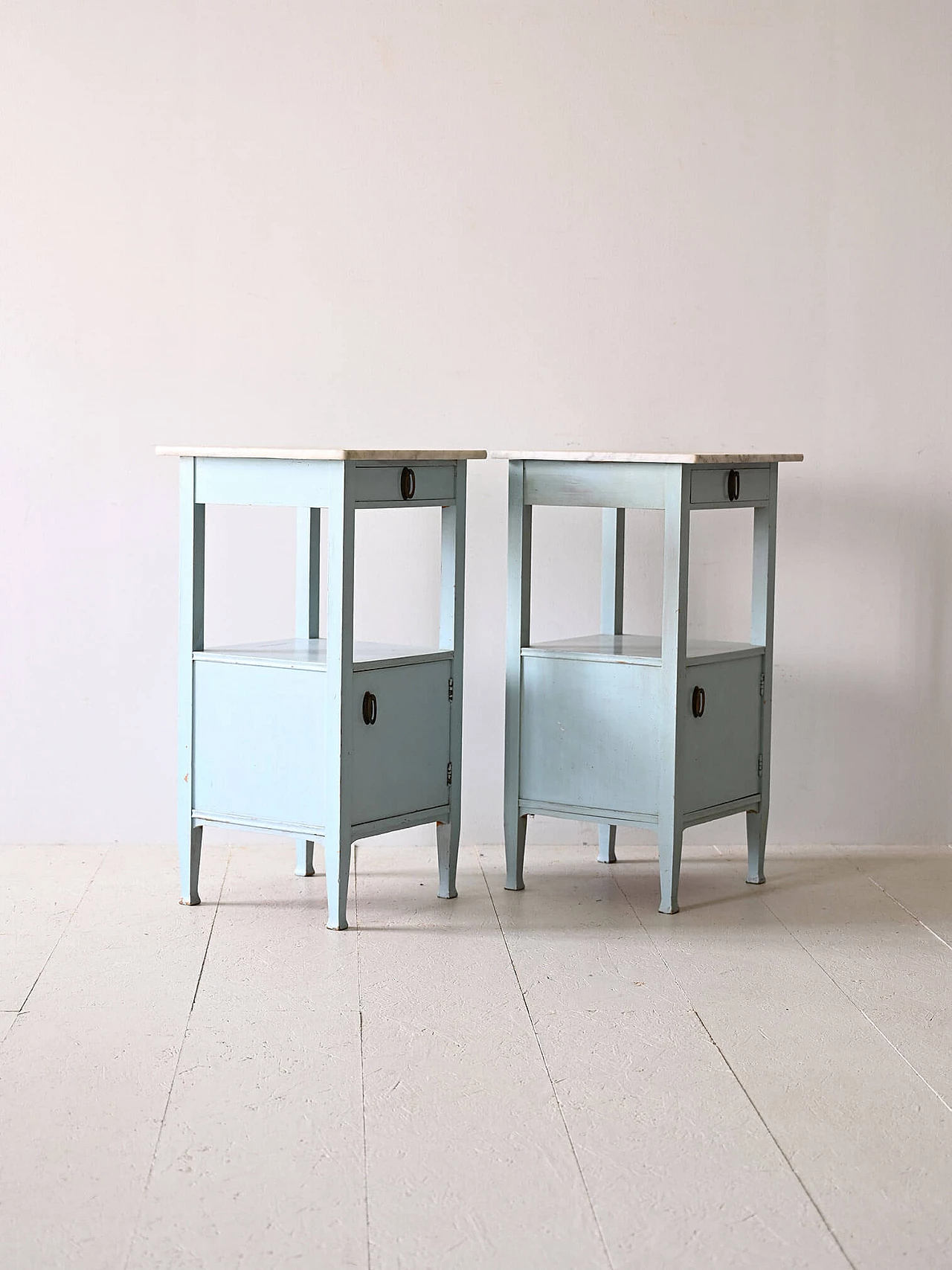 Pair of Deco bedside tables in blue wood with marble top, 1930s 4