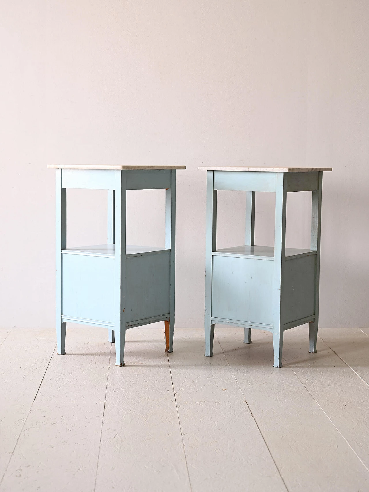 Pair of Deco bedside tables in blue wood with marble top, 1930s 5