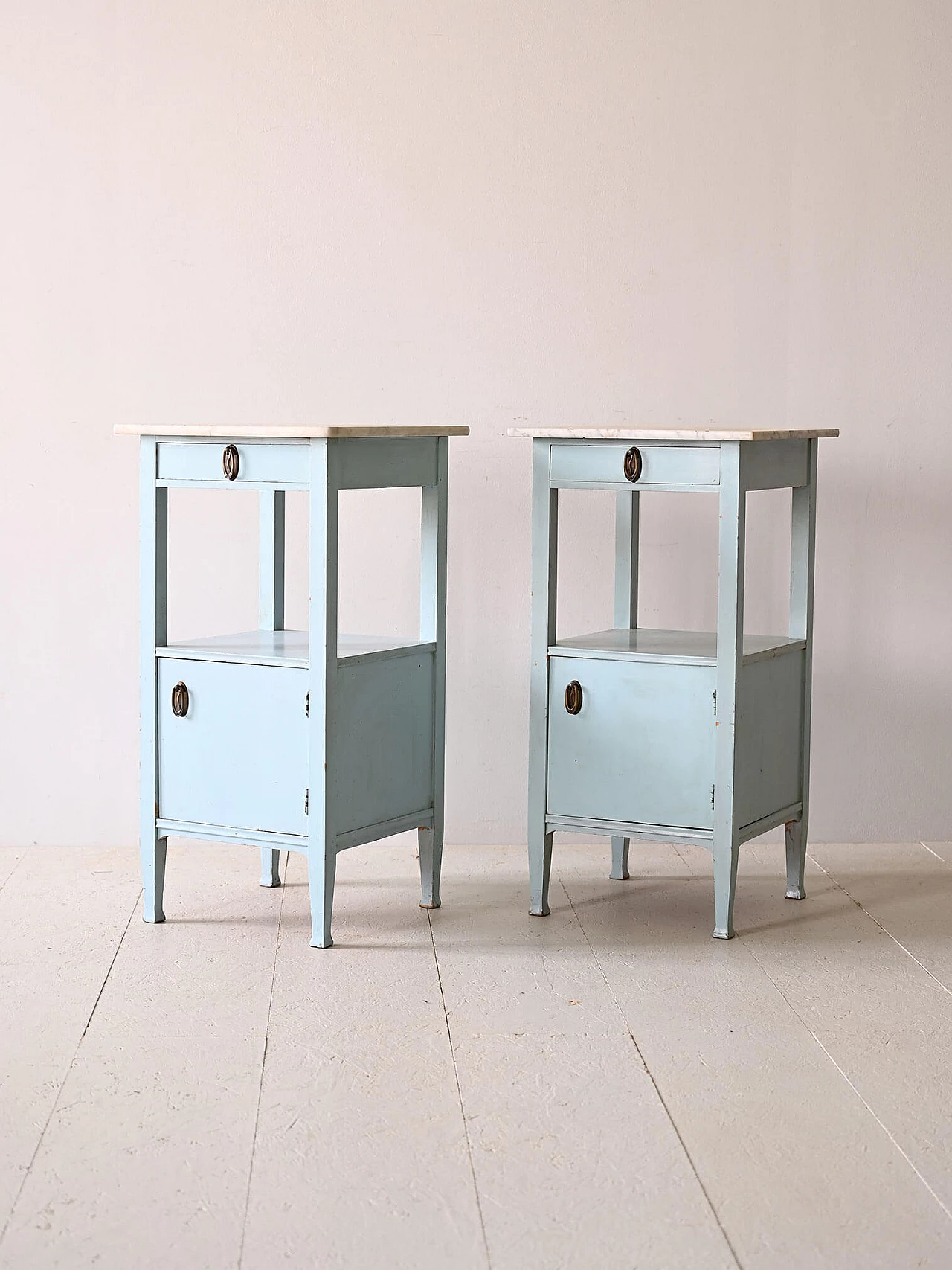 Pair of Deco bedside tables in blue wood with marble top, 1930s 6