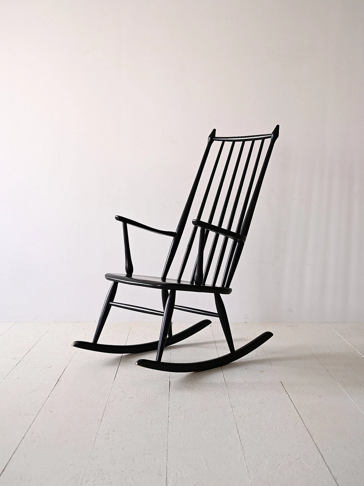 Scandinavian rocking chair in black-stained wood, 1960s 1
