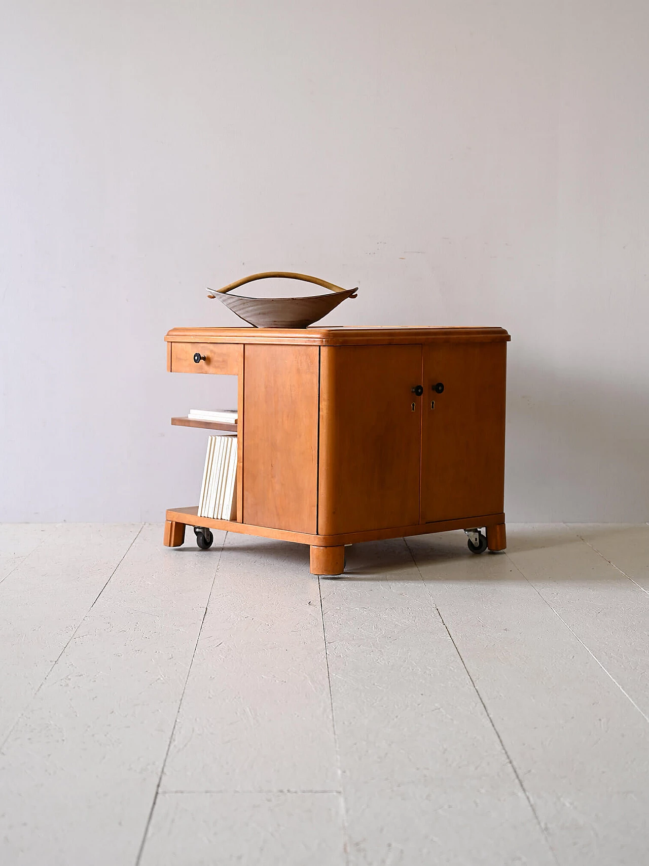 Deco birch cabinet with wheels, 1940s 1