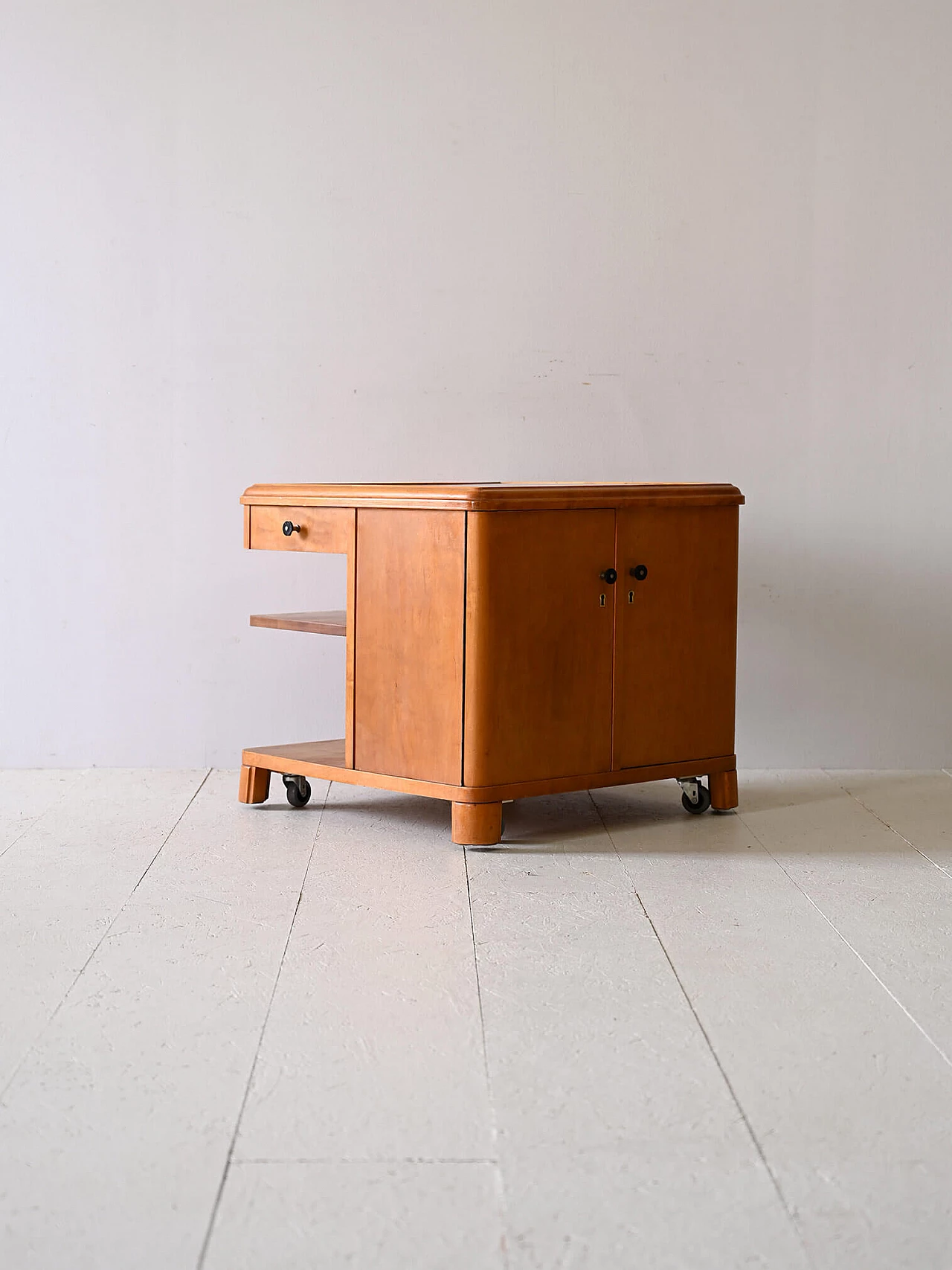Deco birch cabinet with wheels, 1940s 2
