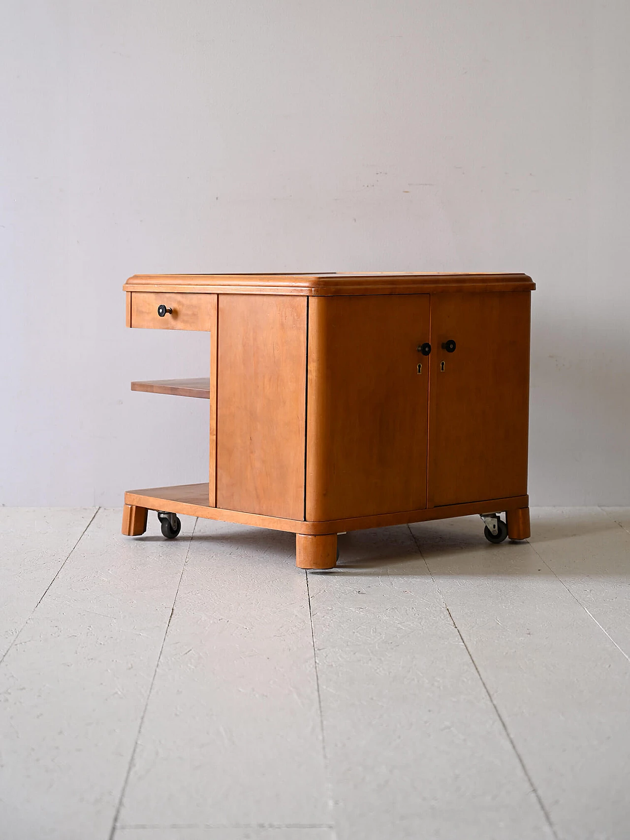 Deco birch cabinet with wheels, 1940s 3