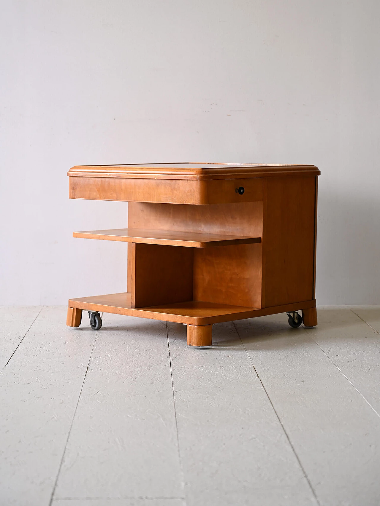 Deco birch cabinet with wheels, 1940s 4