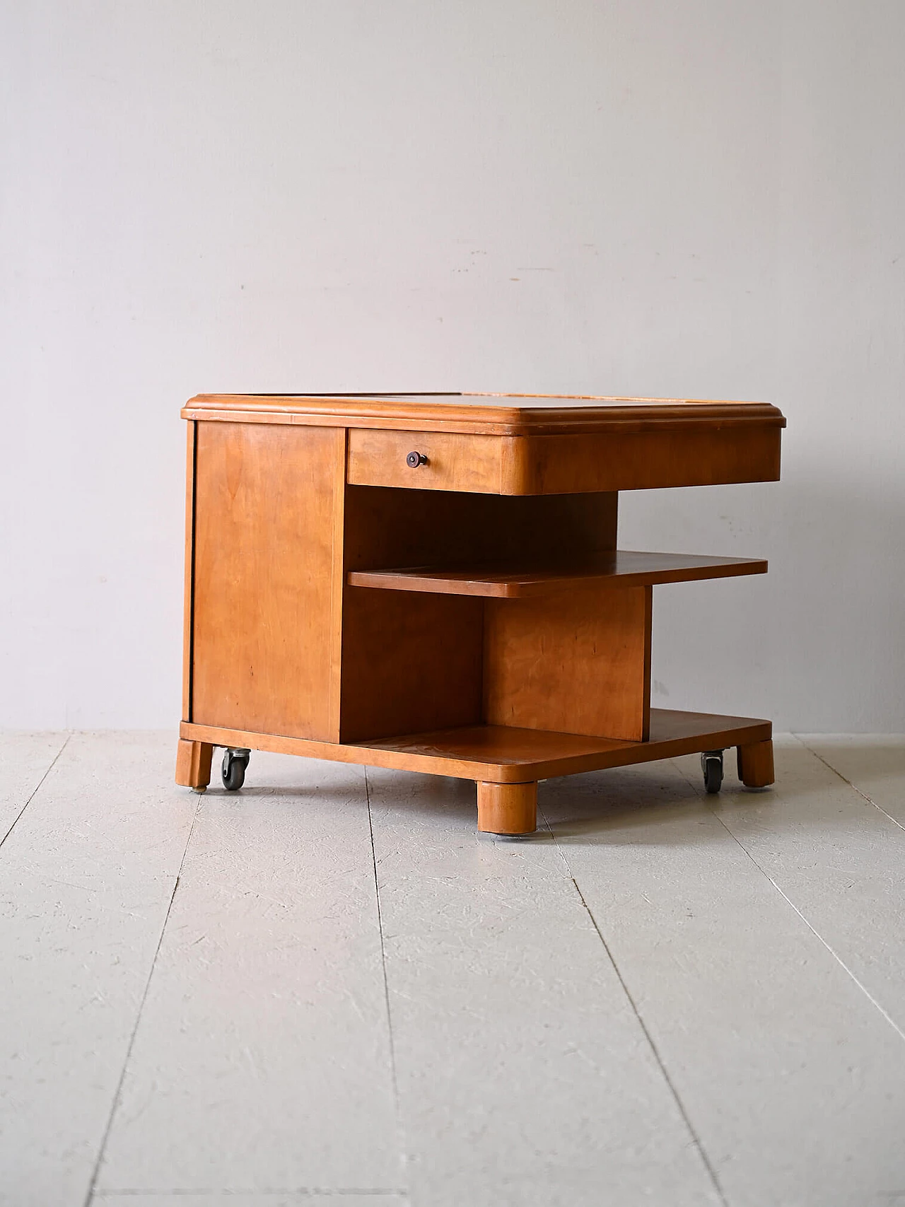 Deco birch cabinet with wheels, 1940s 5