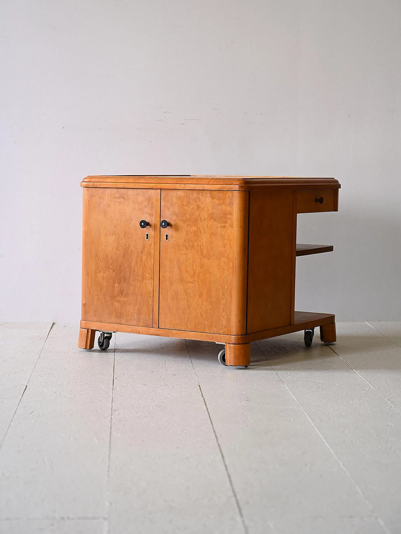 Deco birch cabinet with wheels, 1940s 6