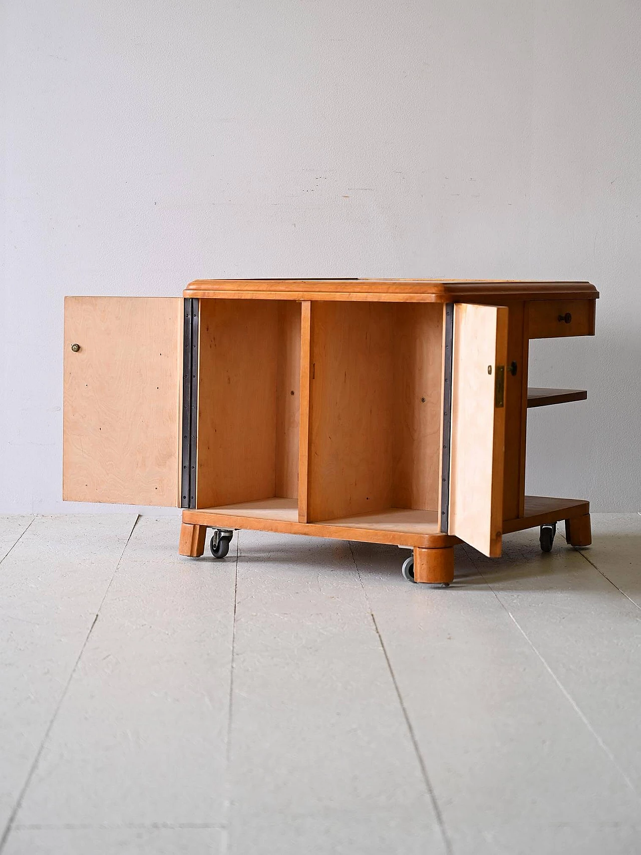 Deco birch cabinet with wheels, 1940s 7