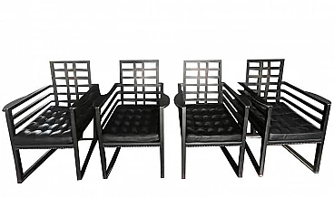4 Armloffel chairs in black wood and black leather by Josef Hoffmann for Wittman, 1960s