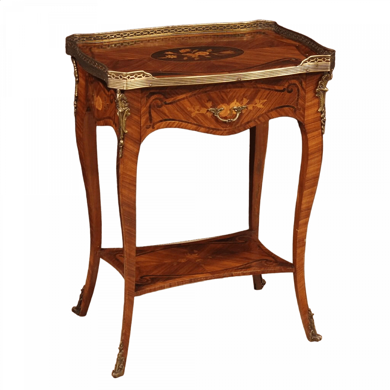 Inlaid side table with top adorned with gilded brass ring, 1960s 14