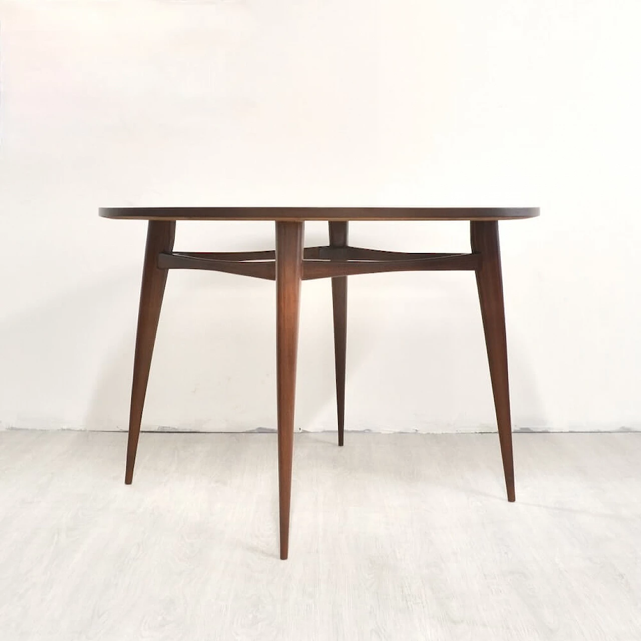 Round solid wood table with veneered top, 1958 2