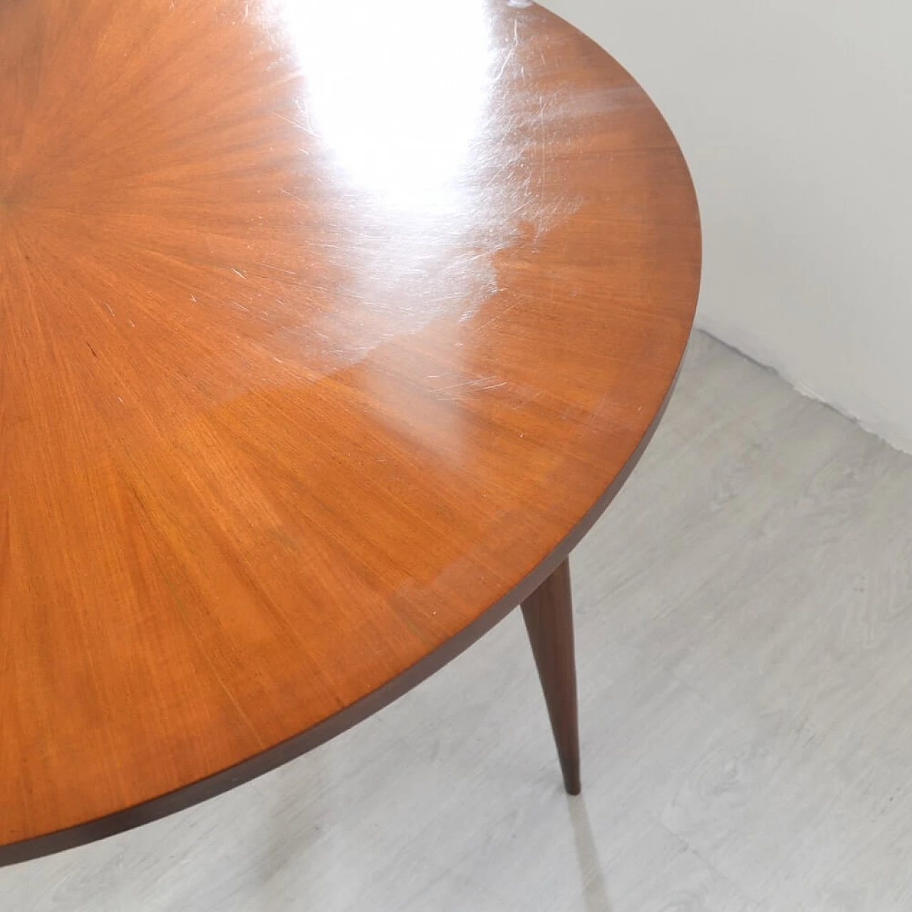 Round solid wood table with veneered top, 1958 5