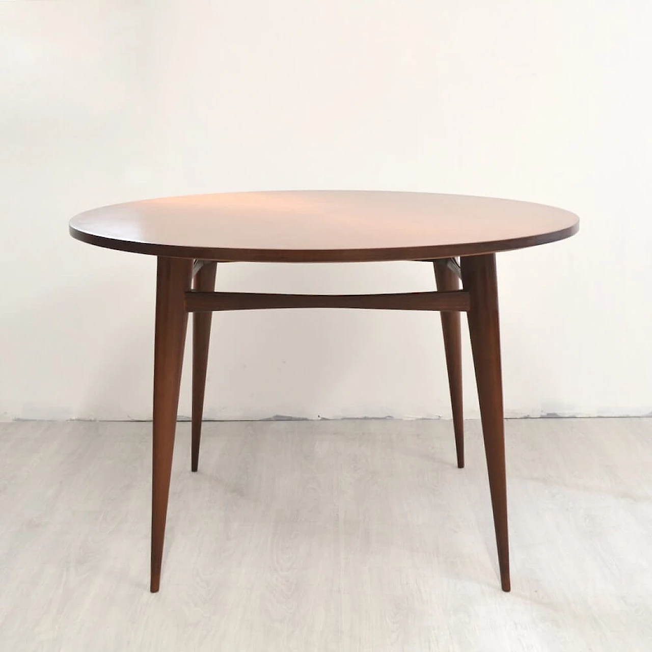 Round solid wood table with veneered top, 1958 7