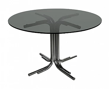Space Age round chromed metal and smoked glass table, 1970s