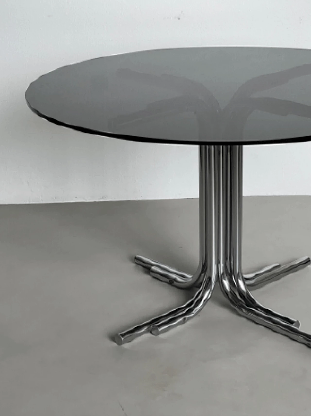 Space Age round chromed metal and smoked glass table, 1970s 2