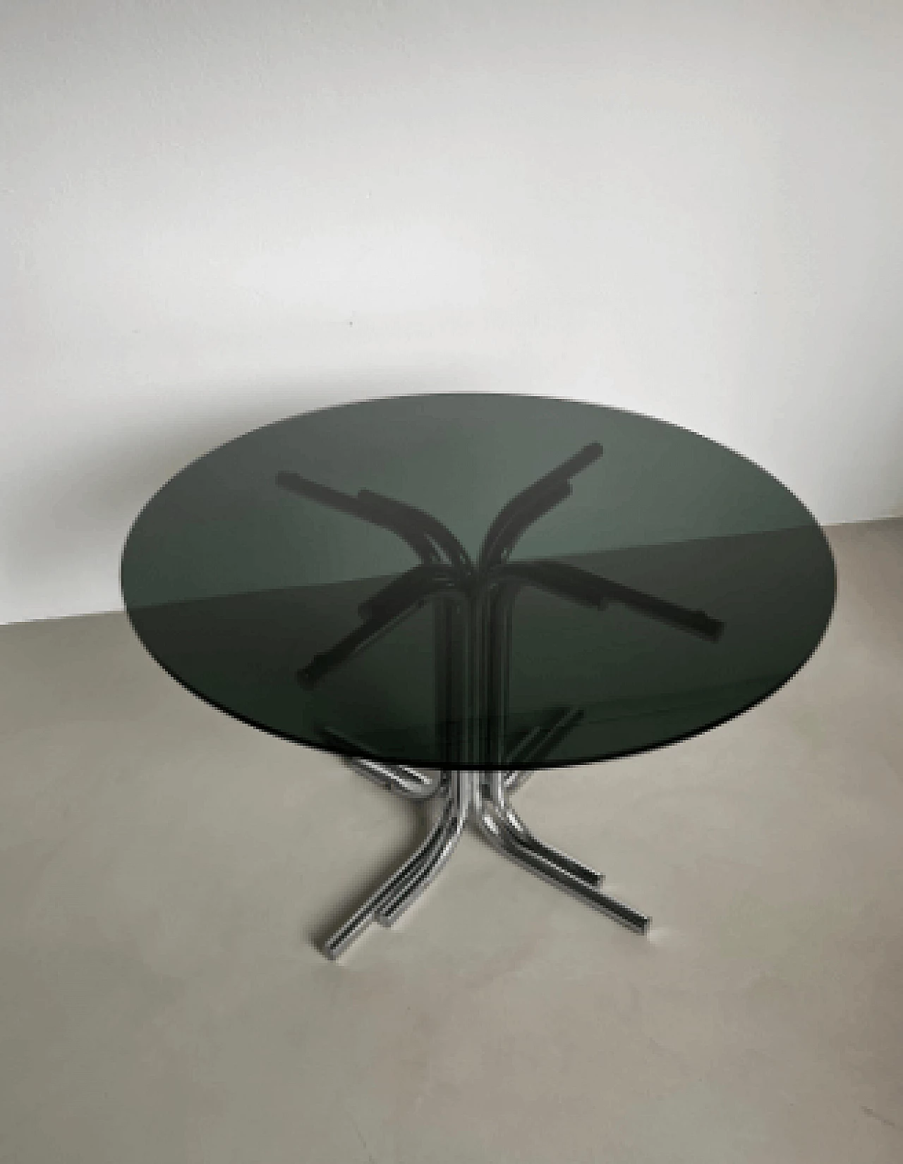 Space Age round chromed metal and smoked glass table, 1970s 5
