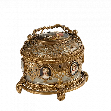 Bronze and glass jewellery box with painted porcelain, mid-19th century