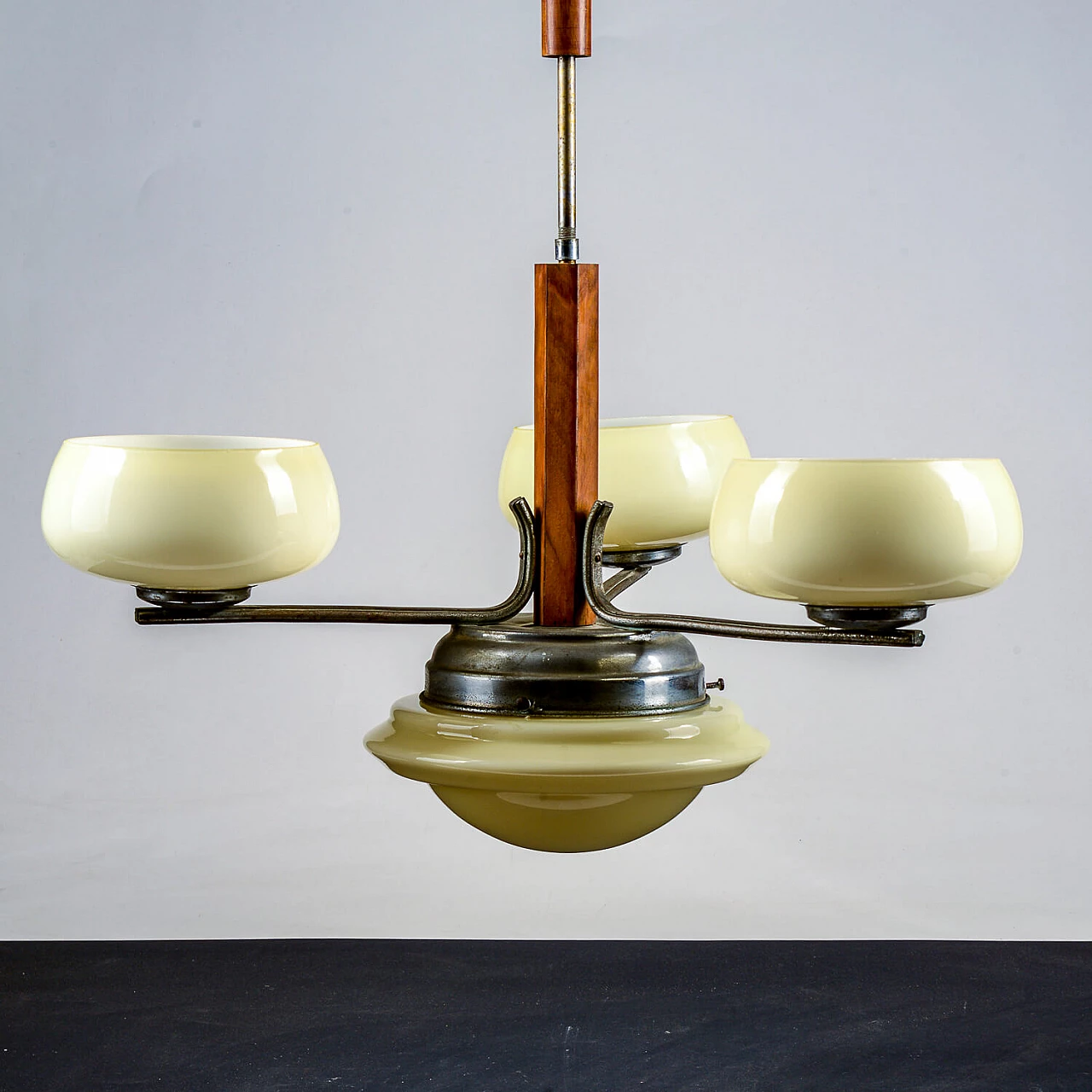 3-light chandelier with dove-grey glass and vintage turnings, mid-19th century 1