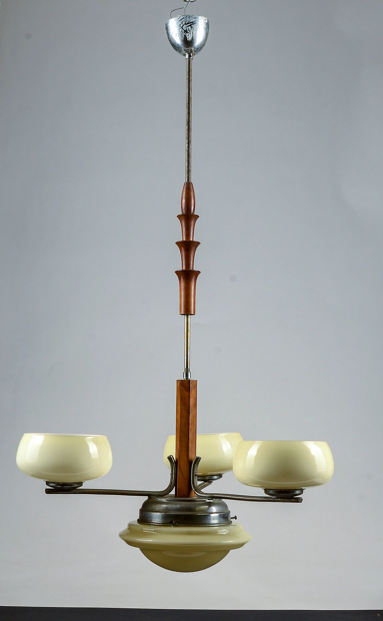 3-light chandelier with dove-grey glass and vintage turnings, mid-19th century 2