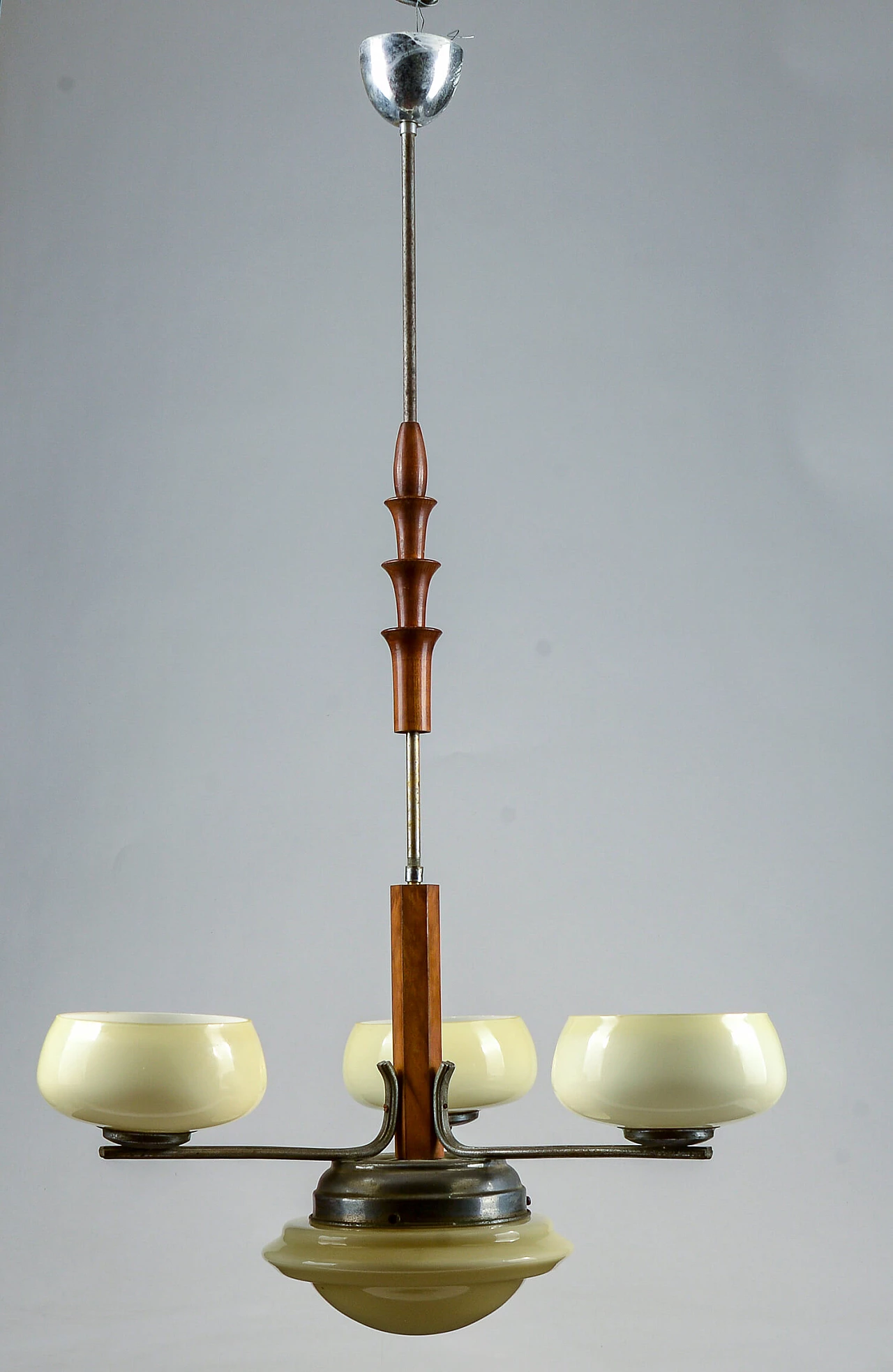 3-light chandelier with dove-grey glass and vintage turnings, mid-19th century 3