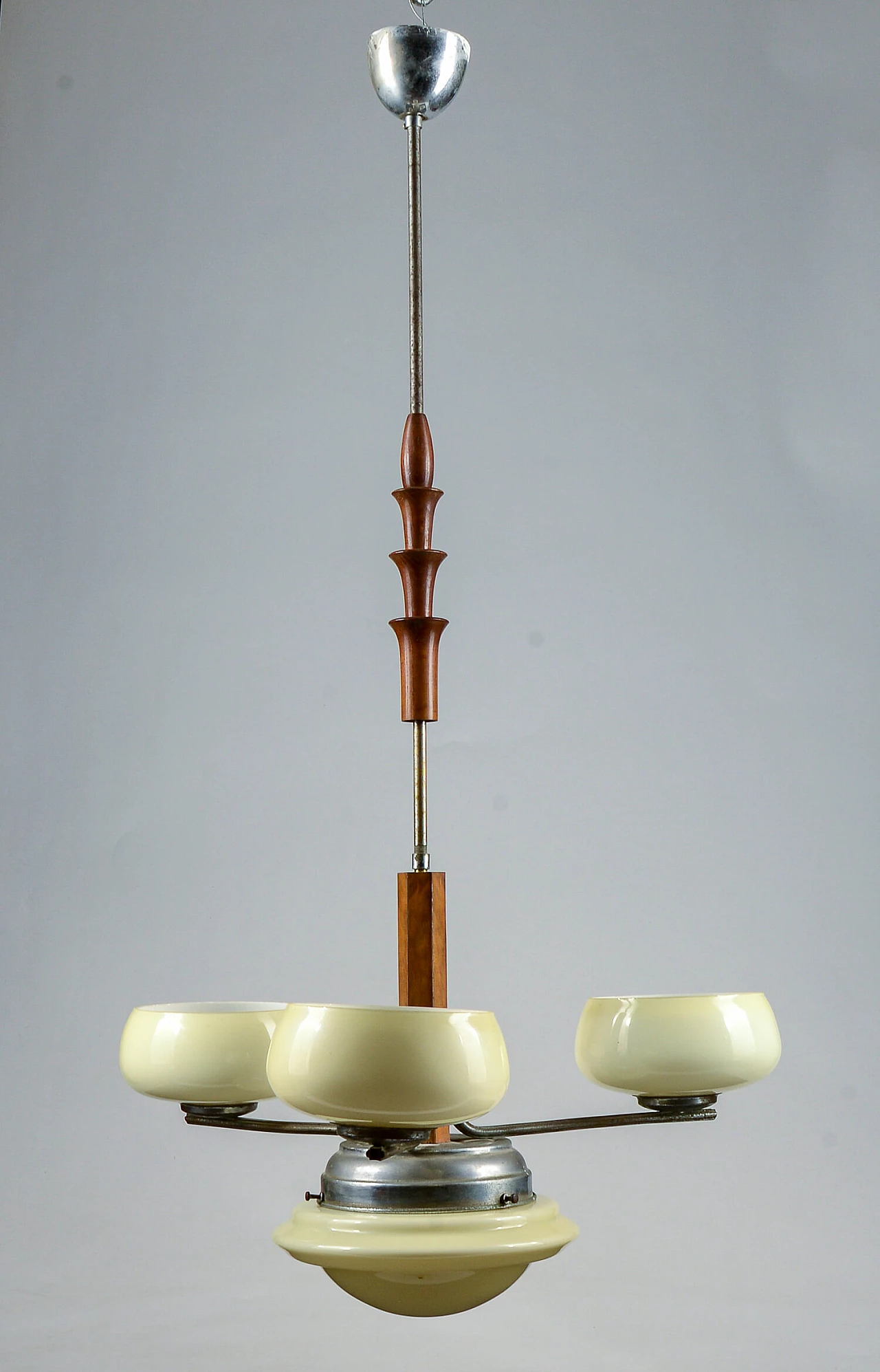 3-light chandelier with dove-grey glass and vintage turnings, mid-19th century 4