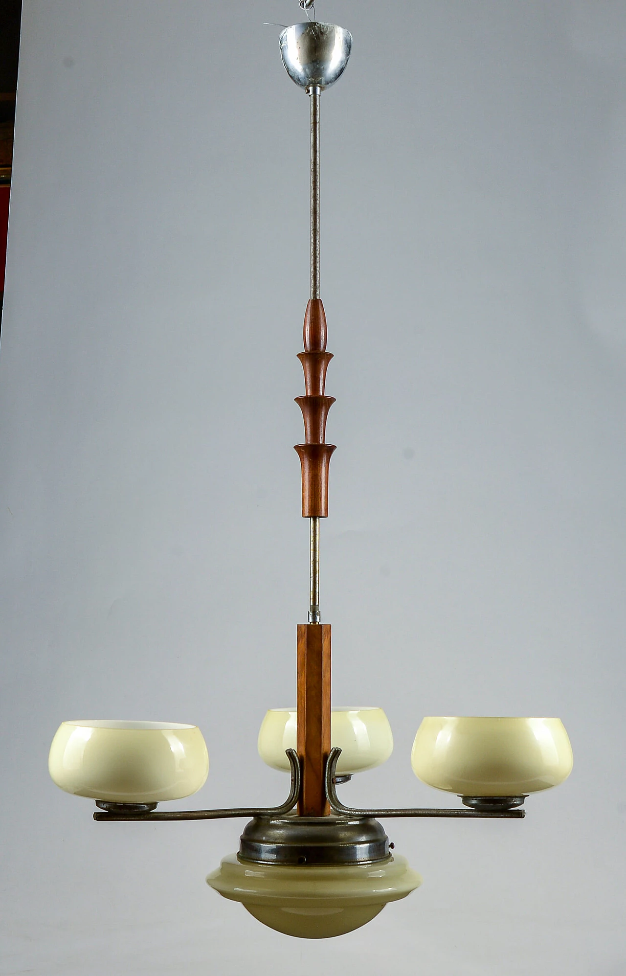 3-light chandelier with dove-grey glass and vintage turnings, mid-19th century 5
