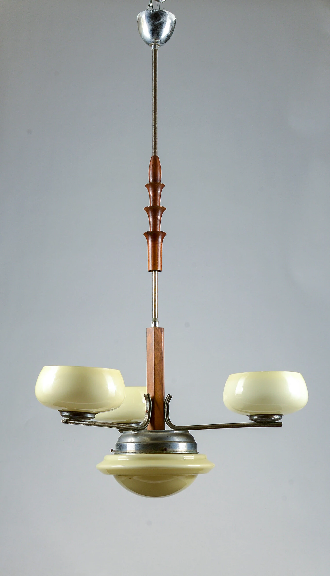3-light chandelier with dove-grey glass and vintage turnings, mid-19th century 6