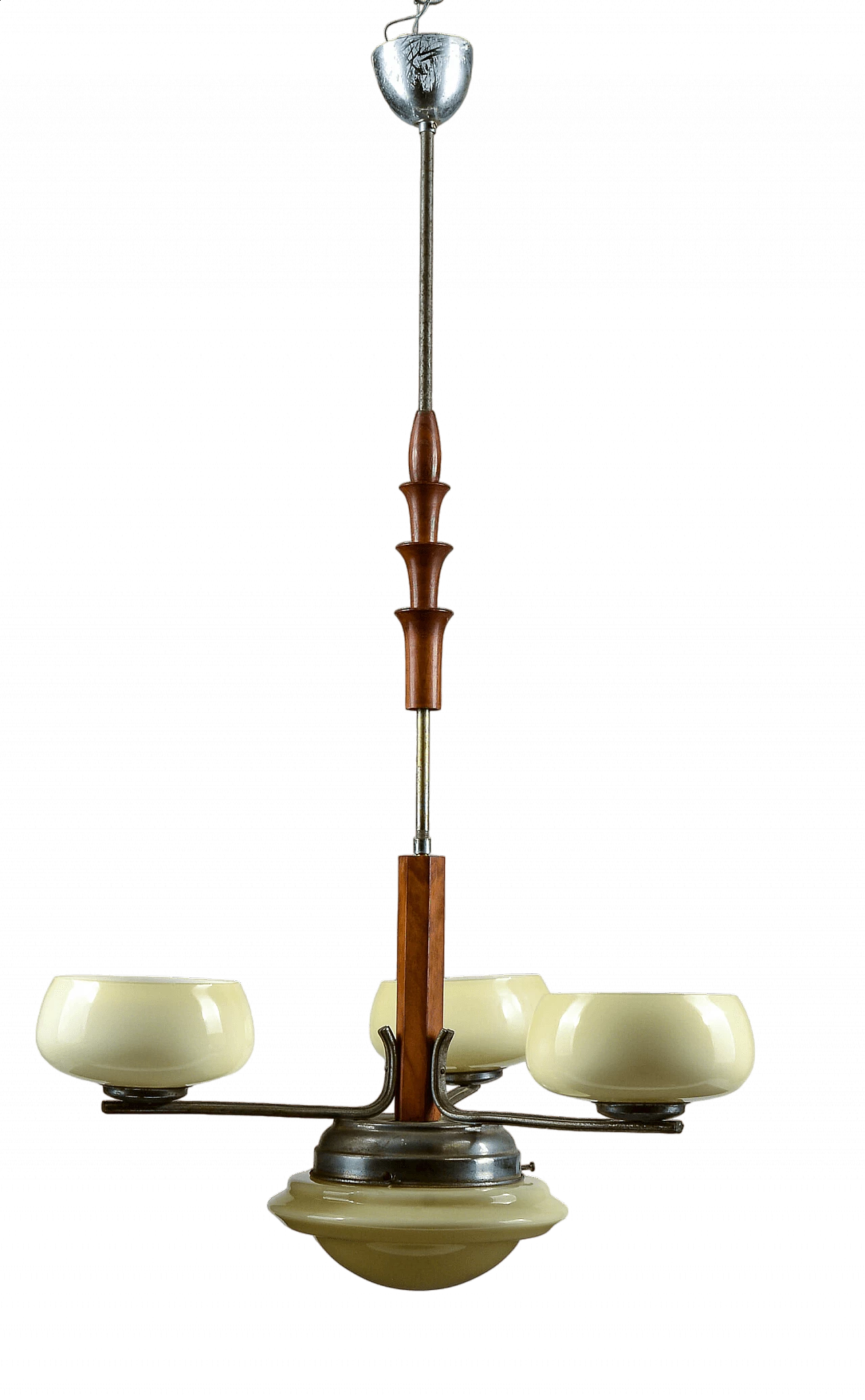 3-light chandelier with dove-grey glass and vintage turnings, mid-19th century 8