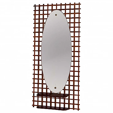 Specchio ovale con struttura in legno a motivo geometrico e mensola, anni '60