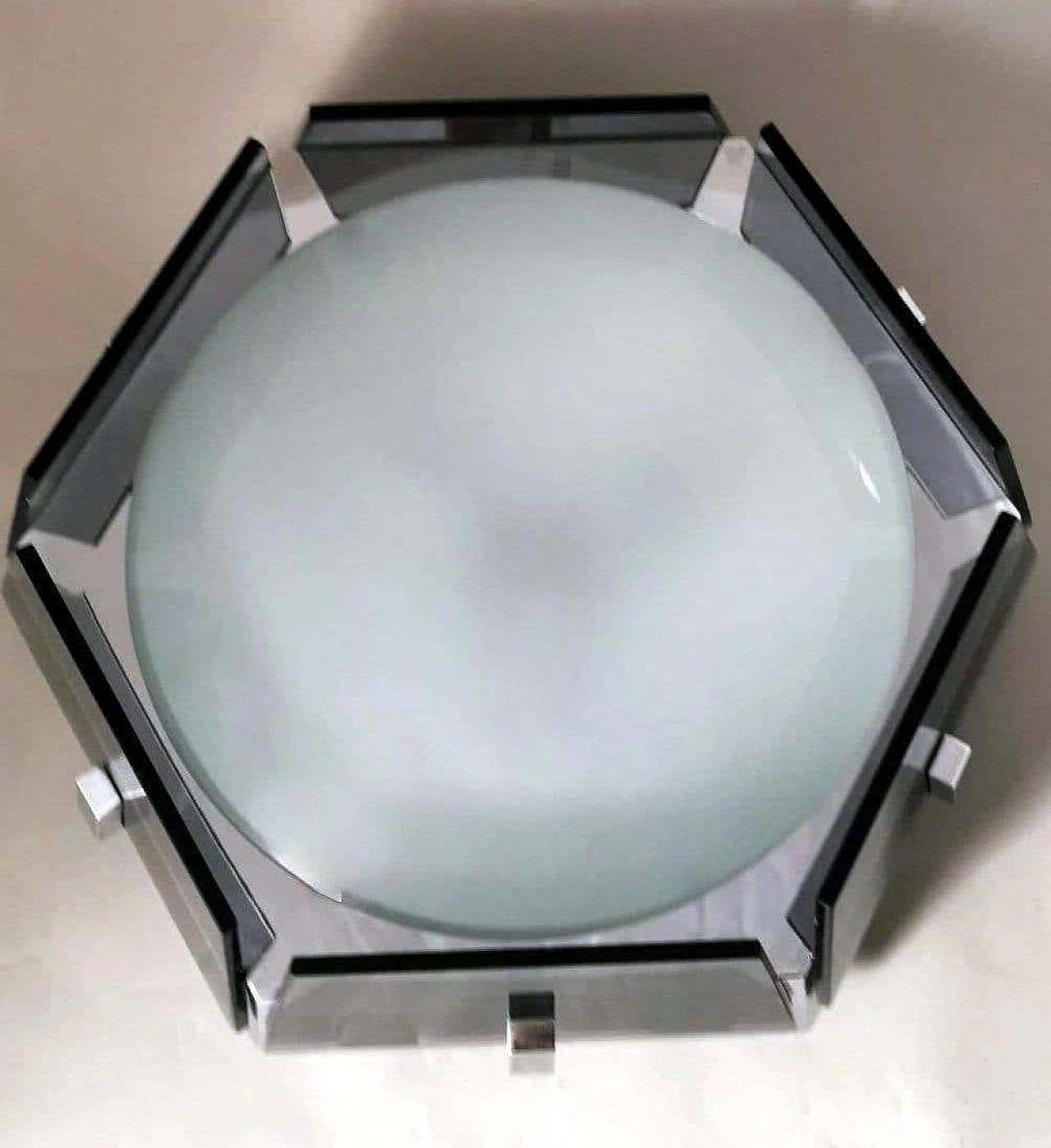 Hexagonal steel and glass ceiling lamp in the style of Fontana Arte, 1970s 3