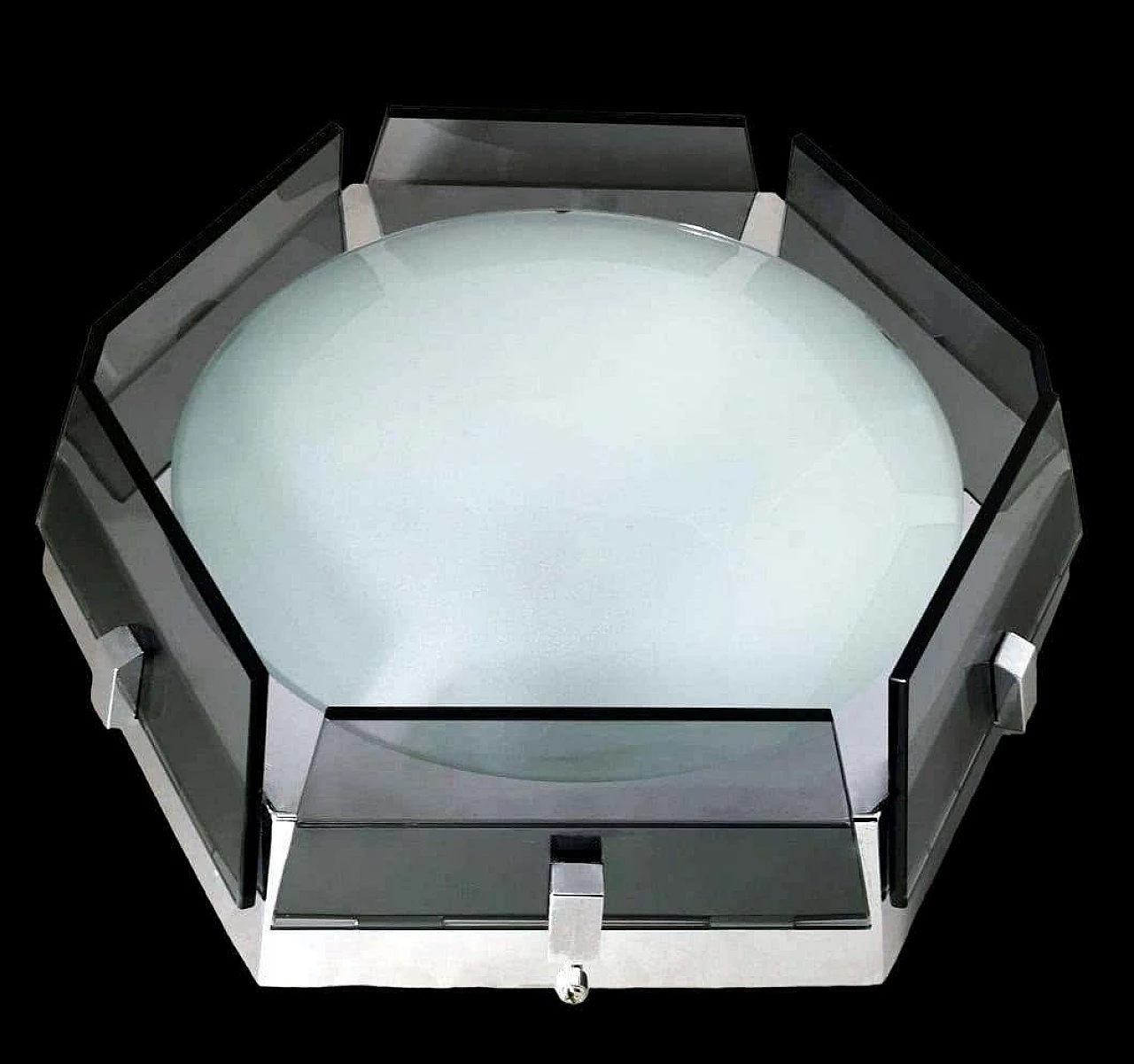 Hexagonal steel and glass ceiling lamp in the style of Fontana Arte, 1970s 6