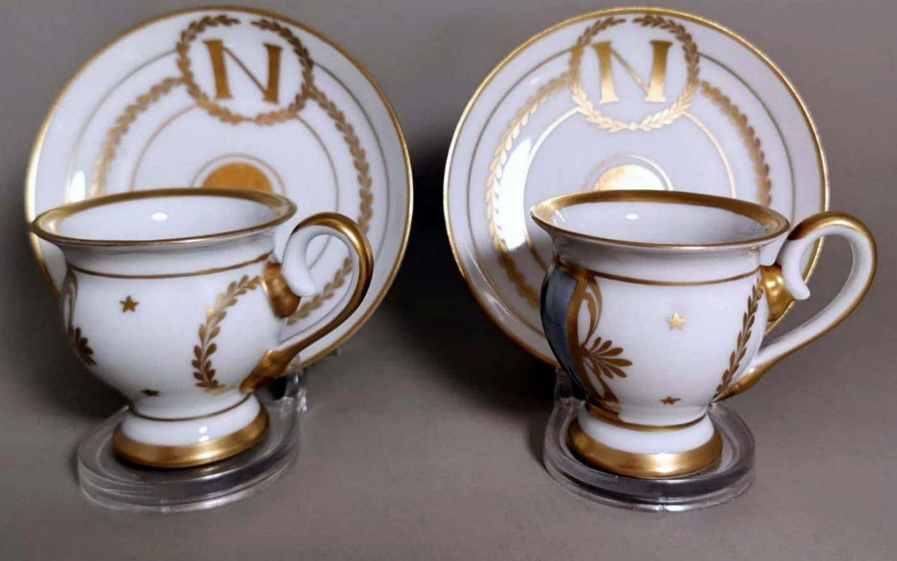 Pair of Napoleon III hand painted Limoges porcelain cups with saucers, late 19th century 3