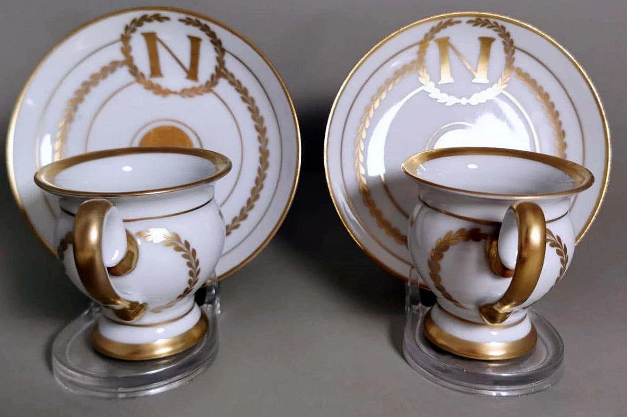 Pair of Napoleon III hand painted Limoges porcelain cups with saucers, late 19th century 4