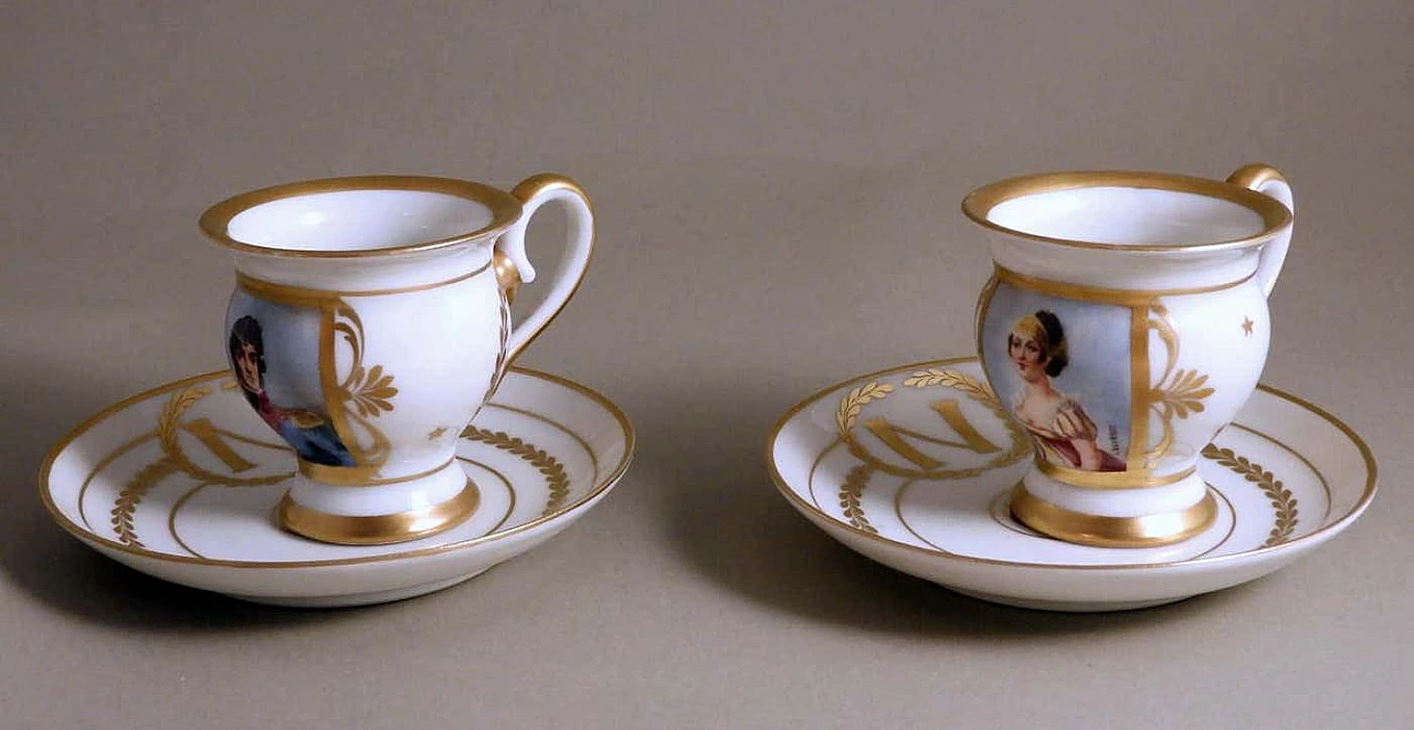 Pair of Napoleon III hand painted Limoges porcelain cups with saucers, late 19th century 5