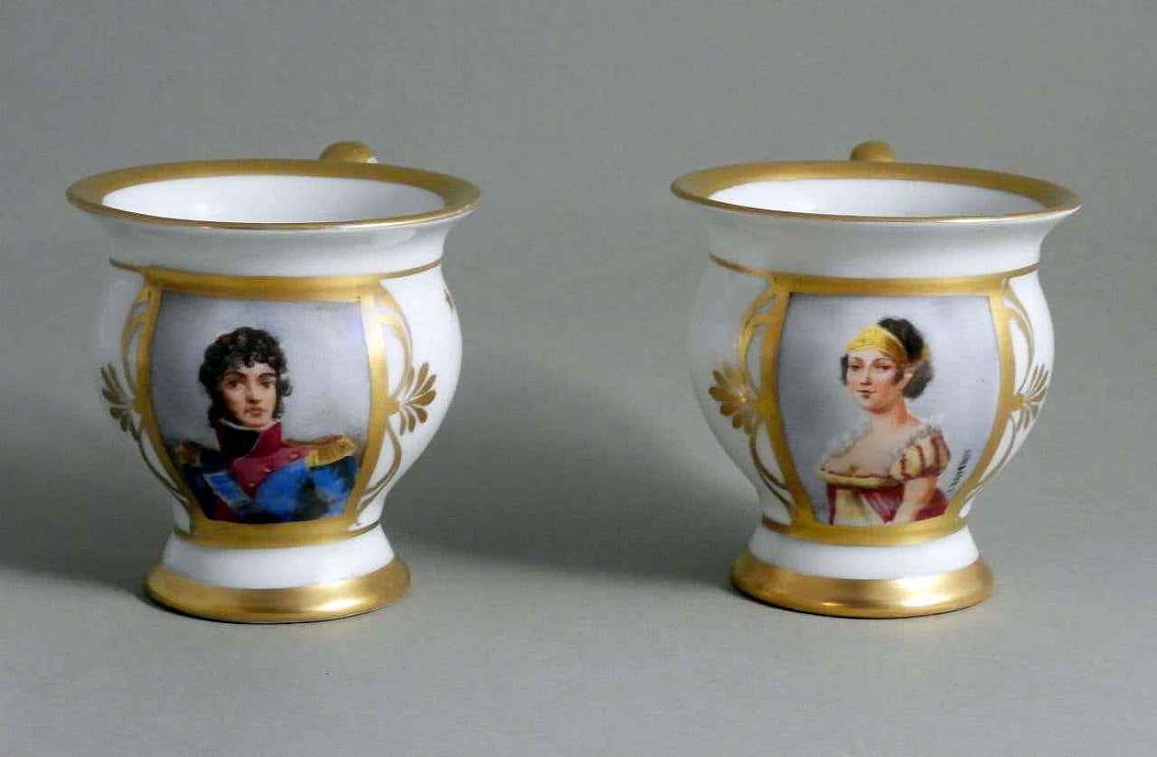 Coppia di tazze Napoleone III in porcellana di Limoges dipinta a mano con piattini, fine '800 6
