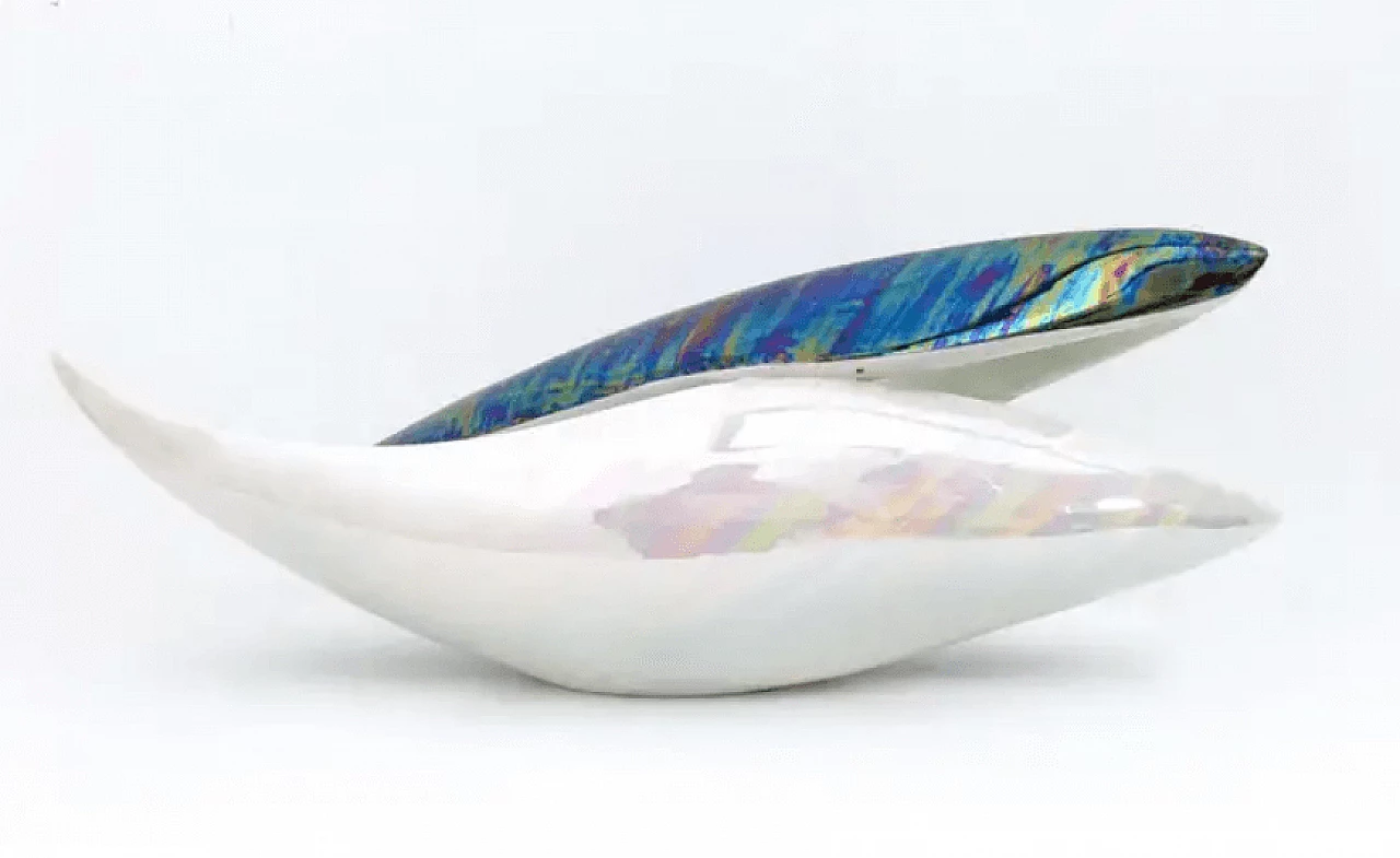 Ciotola o centrotavola in ceramica bianca e iridescente di Lusso, anni '50 4