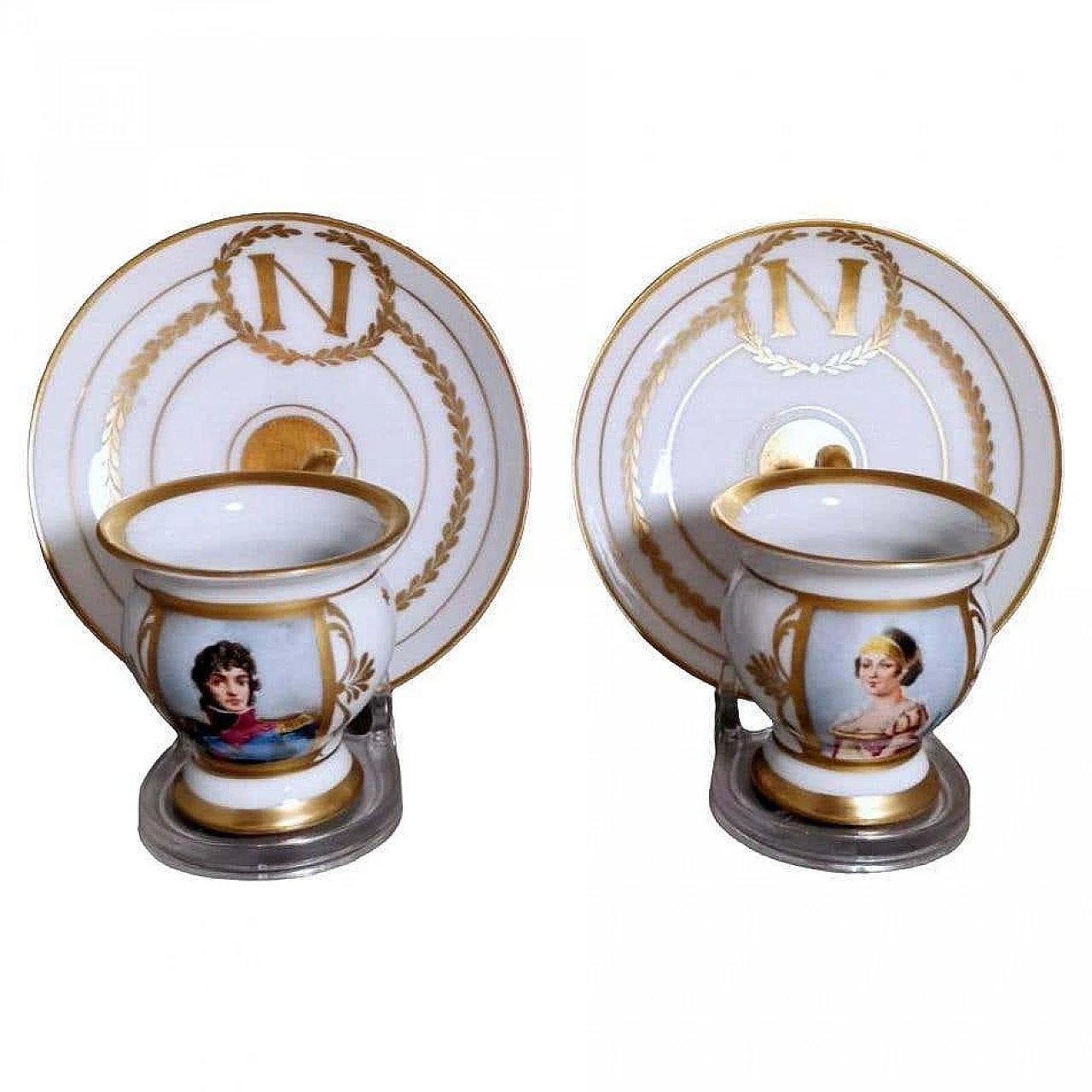 Pair of Napoleon III hand painted Limoges porcelain cups with saucers, late 19th century 19