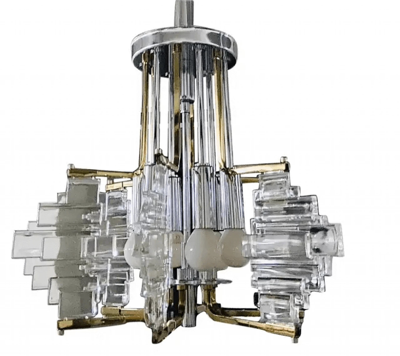 Glass, brass and chrome chandelier by Gaetano Sciolari for Stilkronen, 1970s 1