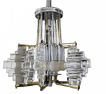 Glass, brass and chrome chandelier by Gaetano Sciolari for Stilkronen, 1970s