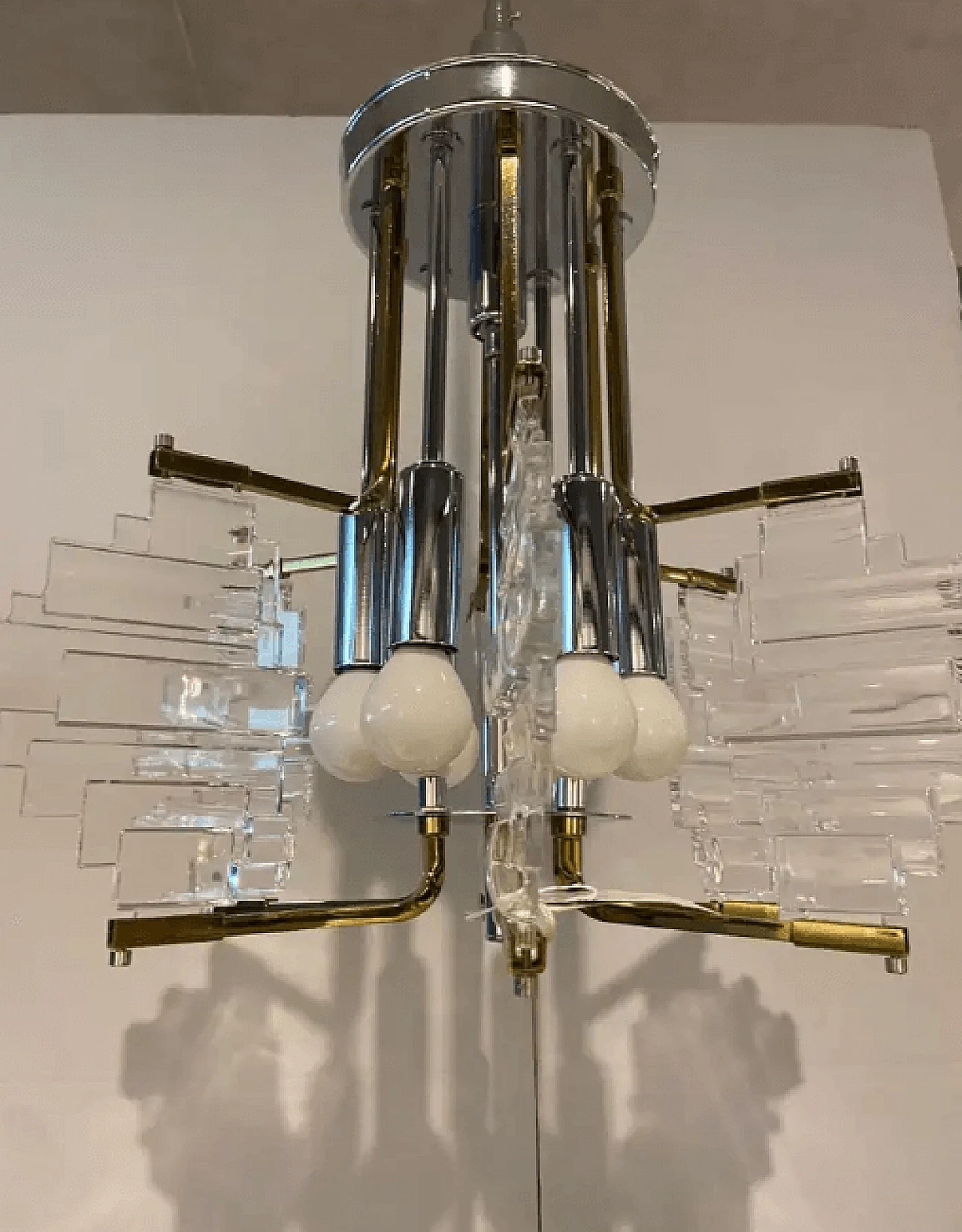 Glass, brass and chrome chandelier by Gaetano Sciolari for Stilkronen, 1970s 4