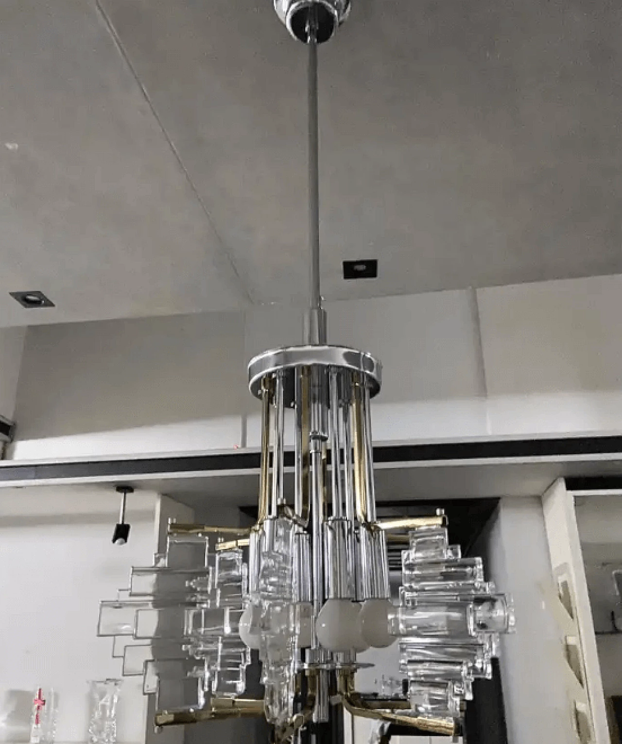 Glass, brass and chrome chandelier by Gaetano Sciolari for Stilkronen, 1970s 5