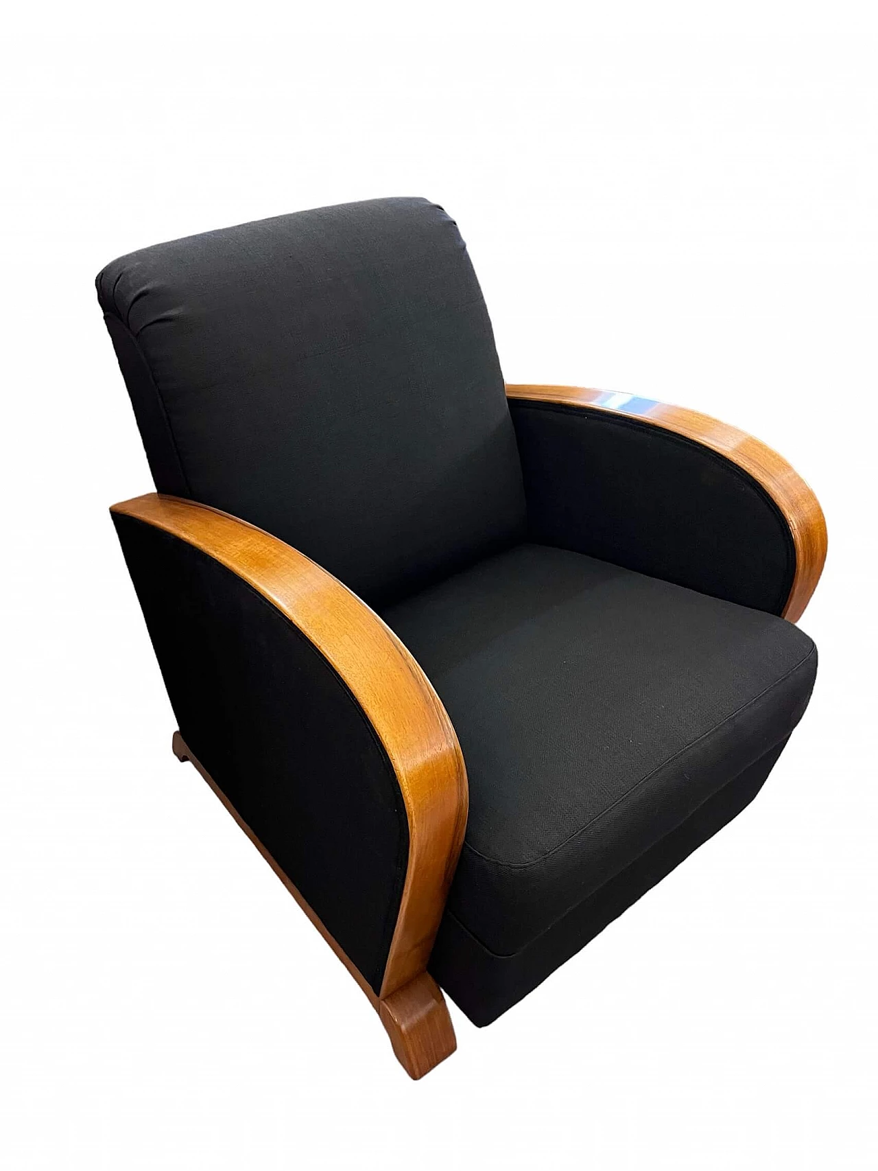 French Art Deco blond walnut and black fabric armchair, 1930s 1