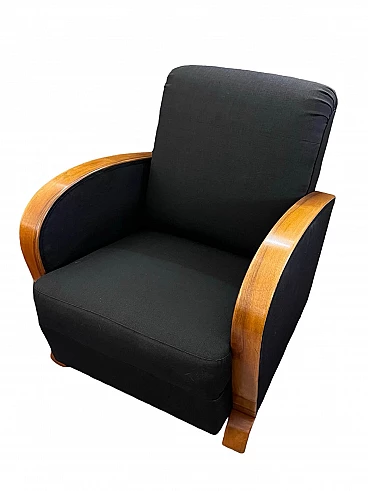 French Art Deco blond walnut and black fabric armchair, 1930s