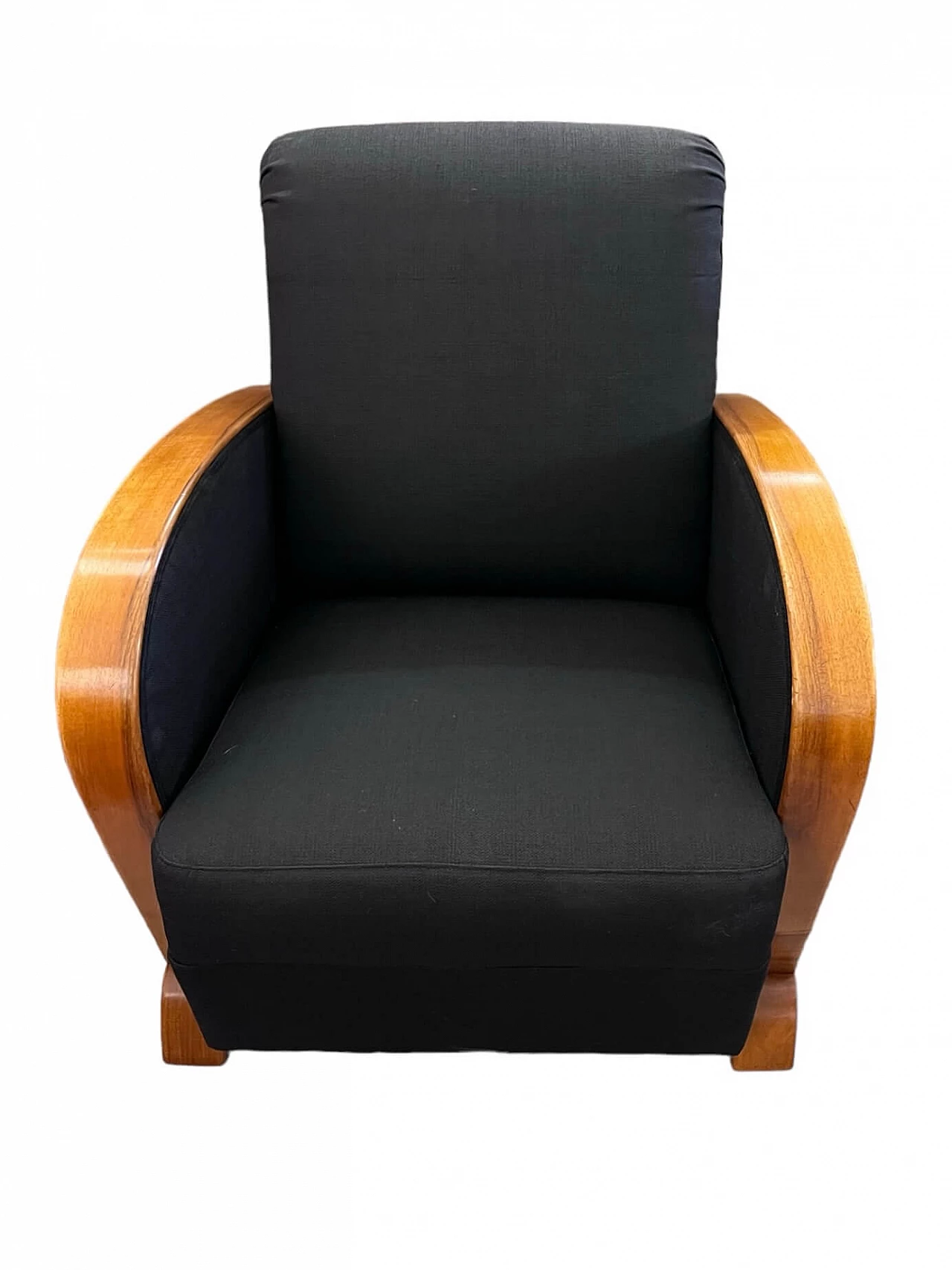 French Art Deco blond walnut and black fabric armchair, 1930s 3