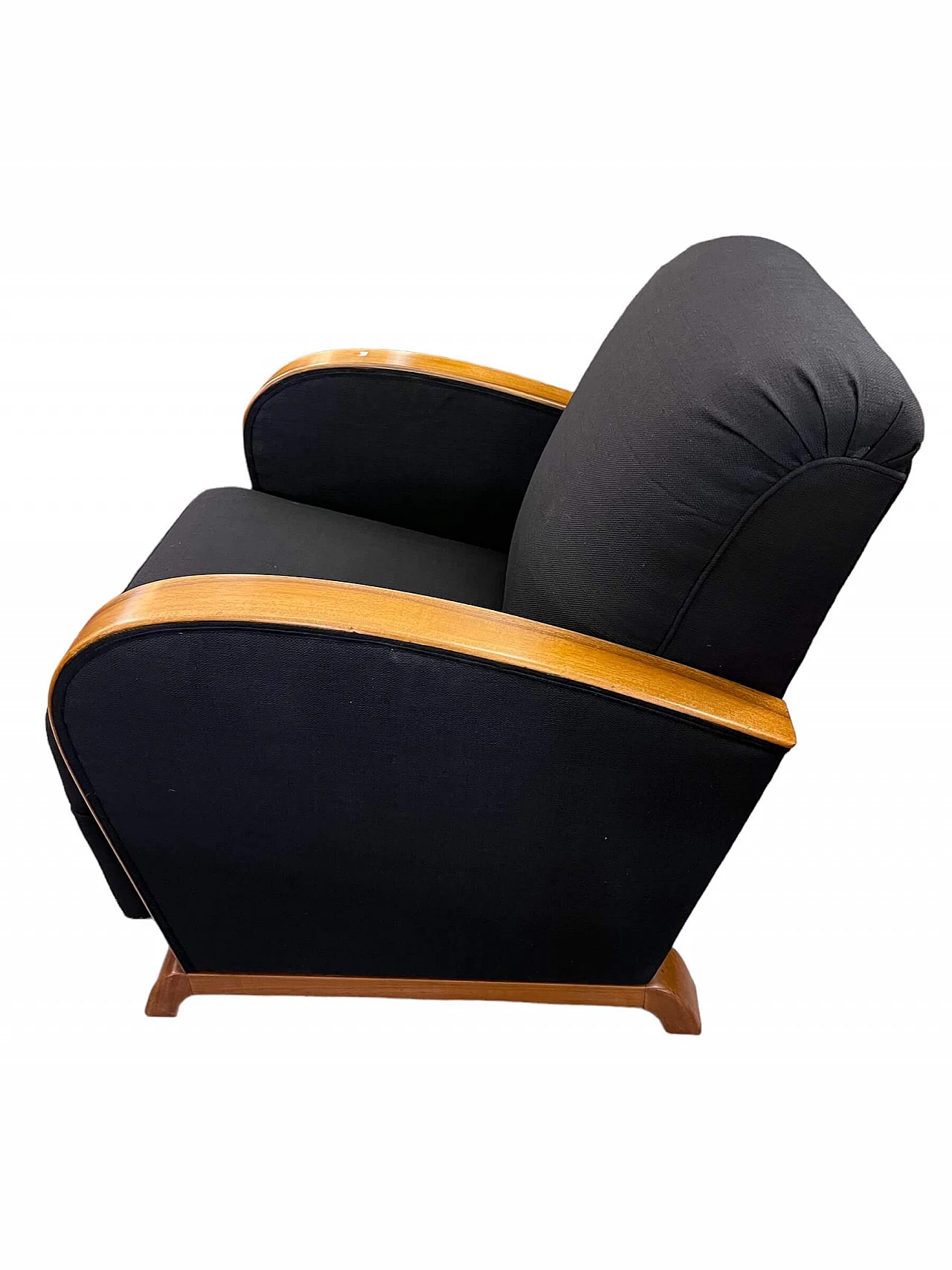 French Art Deco blond walnut and black fabric armchair, 1930s 4